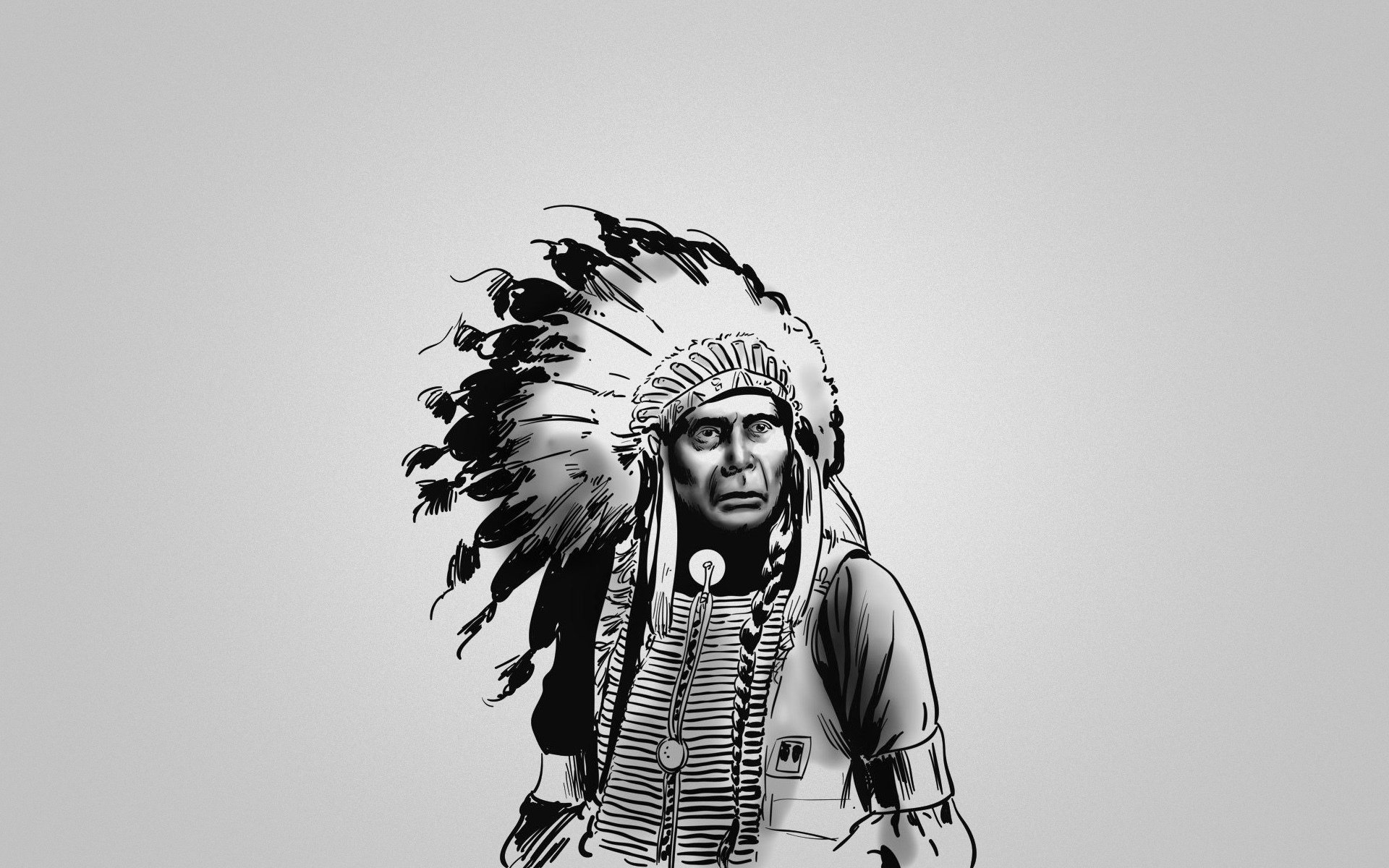 indian chief red feathers black and white seriou