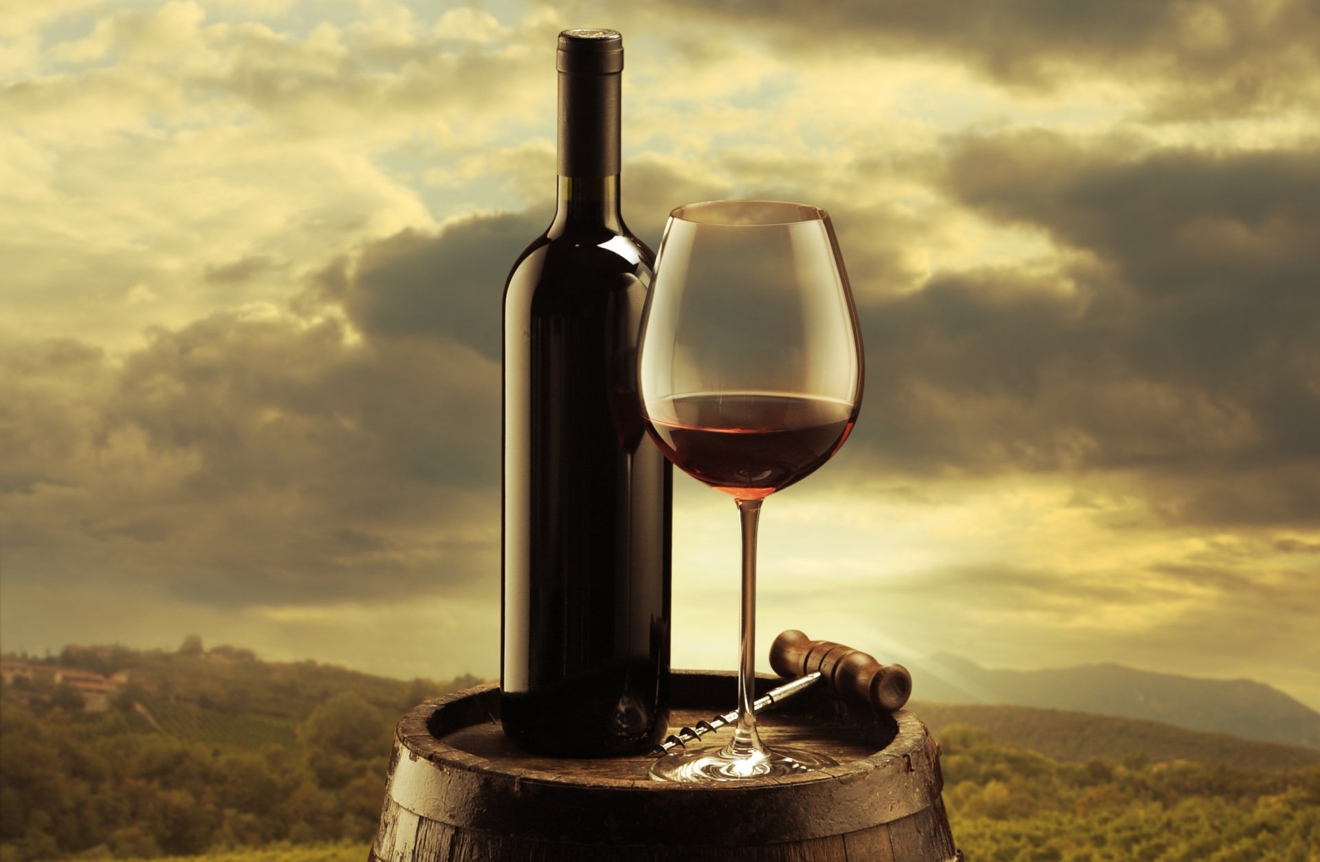 wine red a bottle glass corkscrew barrels background sky clouds vineyard