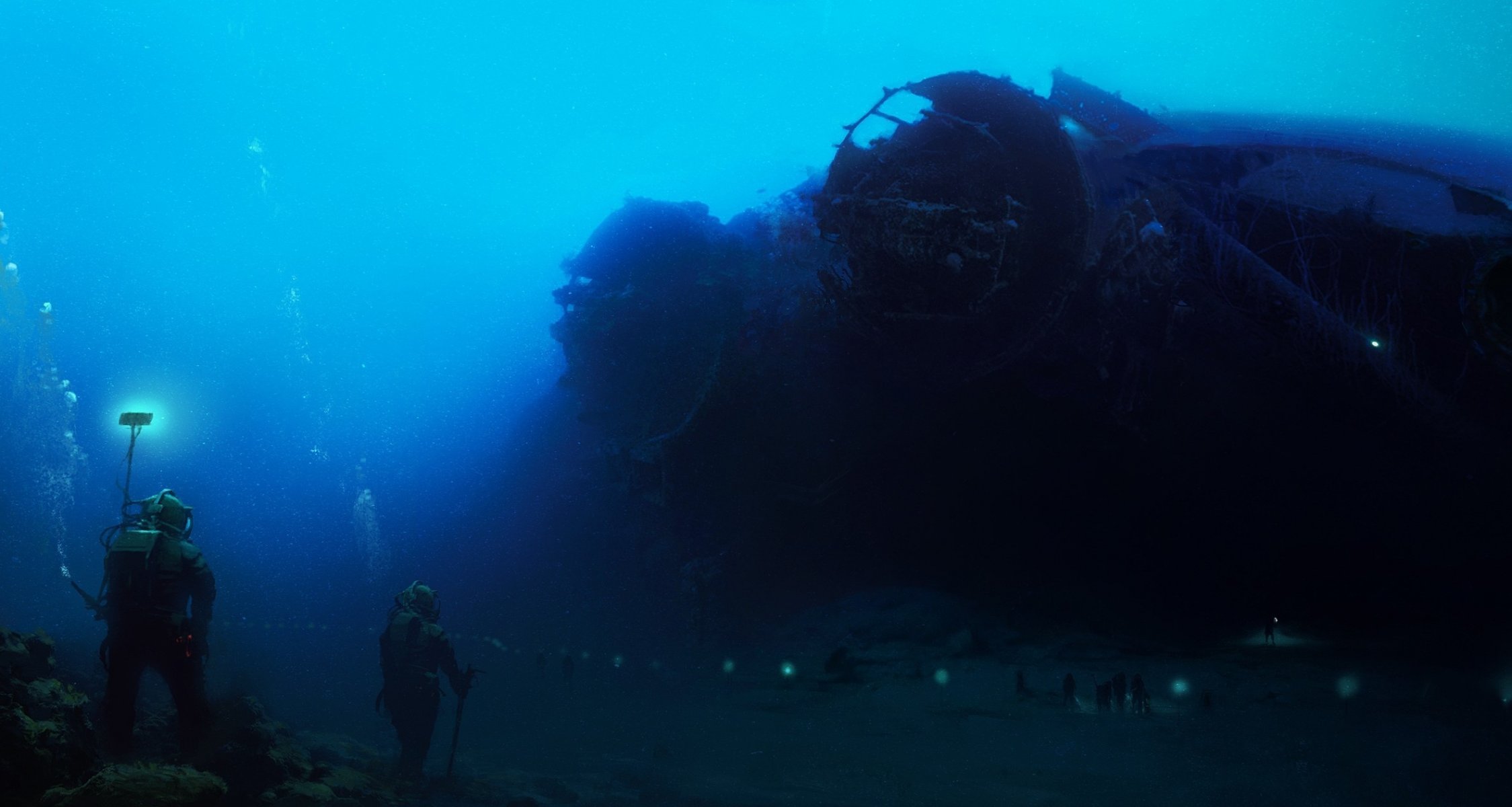 kunst unter wasser meer menschen tauchen taucher schiff expedition skelett