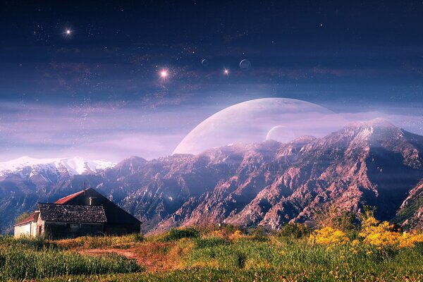 Beautiful house on the background of mountains