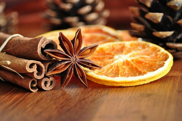 Cinnamon sticks with star anise and dried orange