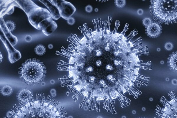 Virus al microscopio su sfondo blu