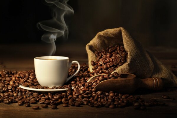 A cup of freshly brewed aromatic coffee