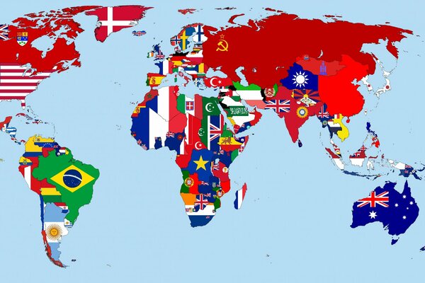 The world map is made up of the national flags of the countries