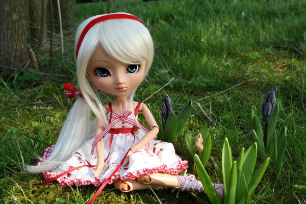 A beautiful doll in spring crocuses