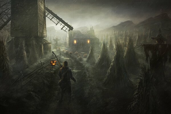 A man walks through a scary field with a scarecrow