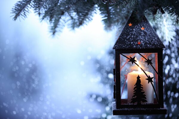 Linterna con velas en el fondo del árbol de invierno