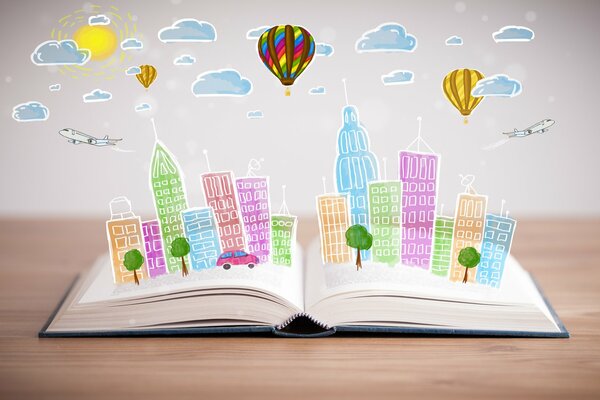 Livre ouvert avec animation de la ville arc-en-ciel
