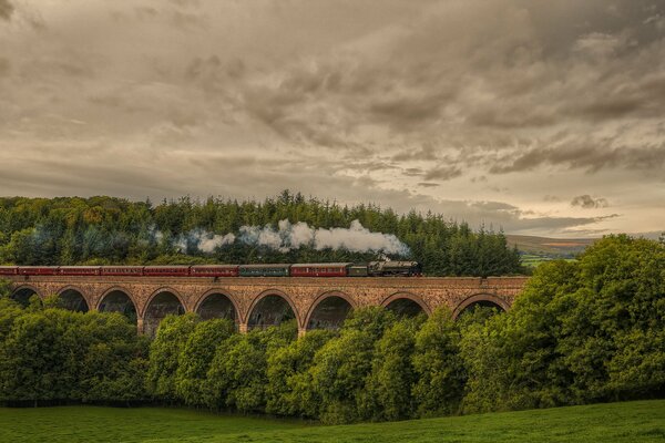 Der Zug fährt auf einer Brücke vor dem Hintergrund der Natur Englands