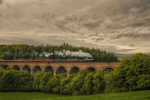 A train rides over a bridge against the backdrop of the nature of England