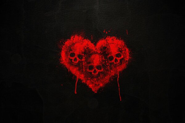 Three skulls in a red heart on a black background