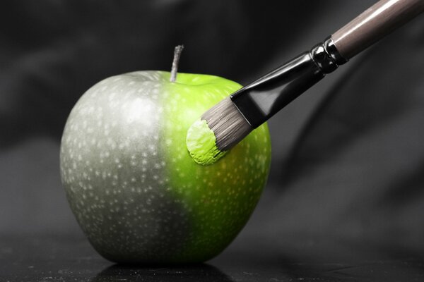 Creative gray apple is painted green with a brush