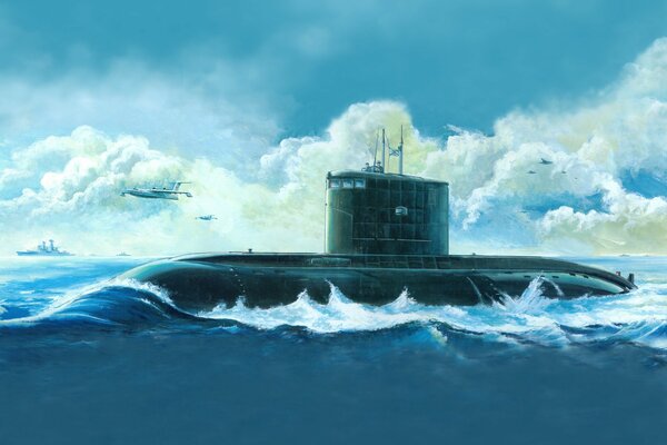 Карабли, подводная лодка, самолëт анфибия, море, картина