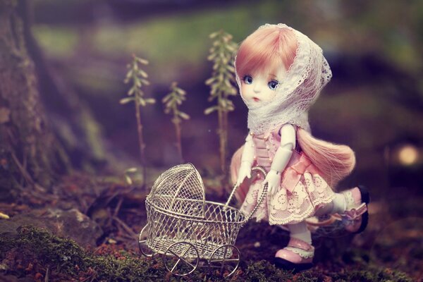 Doll with a toy stroller photo in the forest