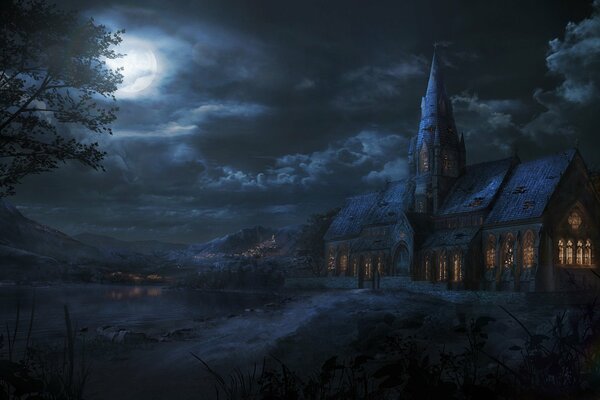 Clair de lune tombant sur l église près du lac