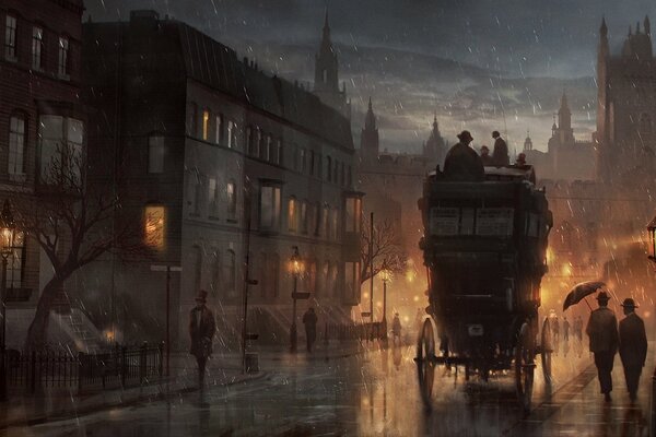 Древняя Англия это ночная дождливая улица , по которой несется экипаж на фоне фонарей и гуляющих по ней людях