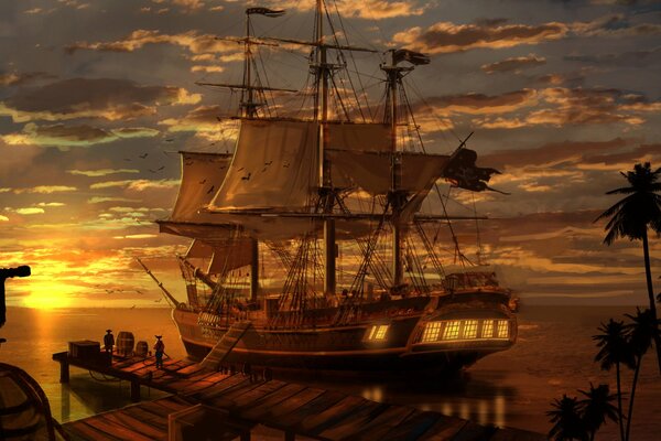 Pirate ship in the harbor at sunset