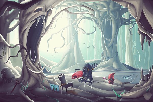 A fantastic picture. Trees with teeth and forest monsters