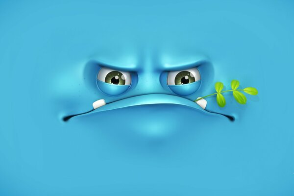 A branch with leaves in the mouth of a cartoon character on a blue background