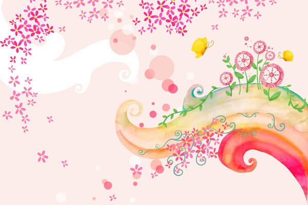 Papier peint rose avec des boucles de papillons et de fleurs