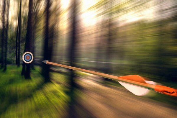 Fliegender Pfeil auf dem Hintergrund der Bäume im Ziel