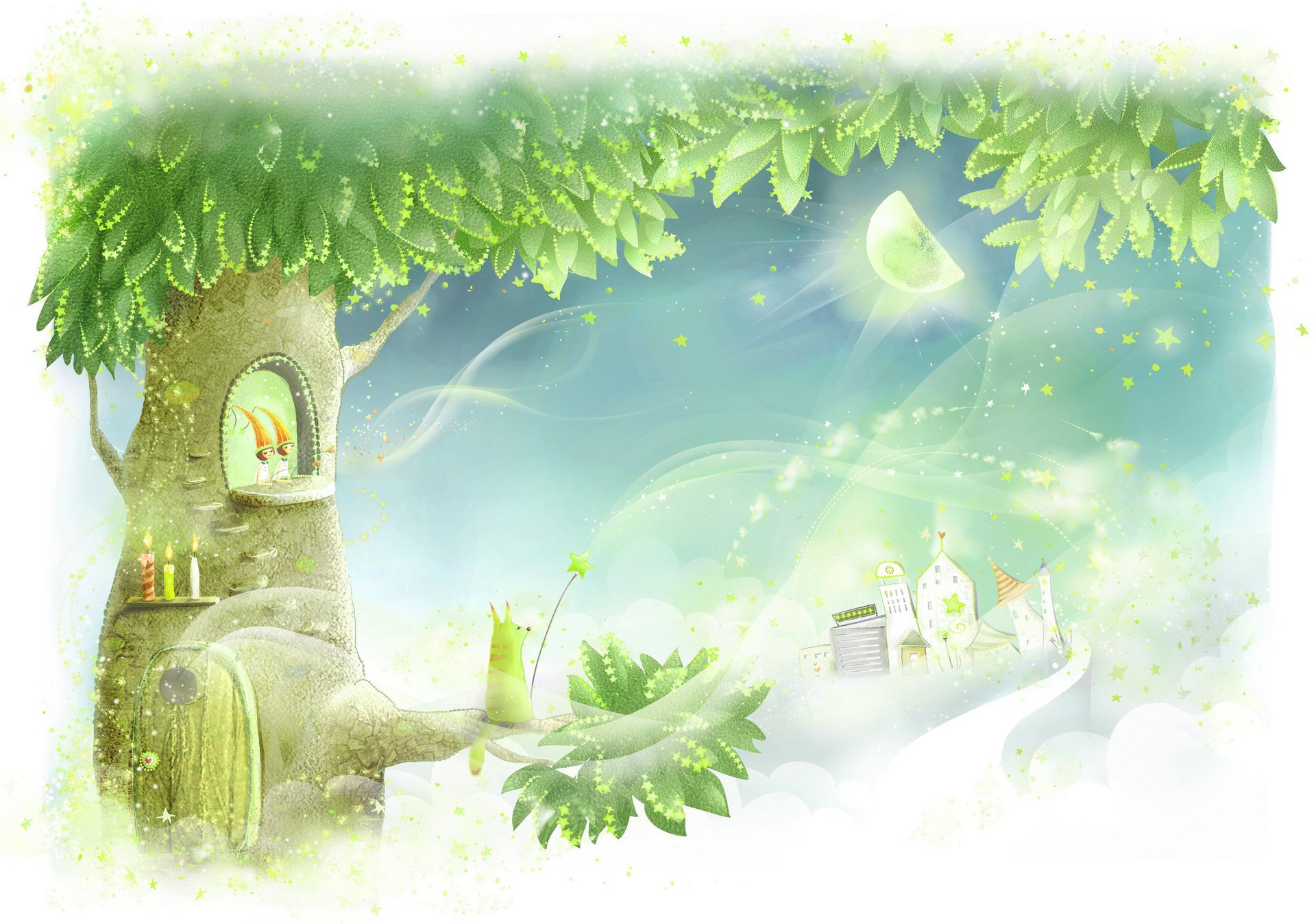 children s wallpaper mythical tree thunder doors candles crown fishing rods moon houses track flower