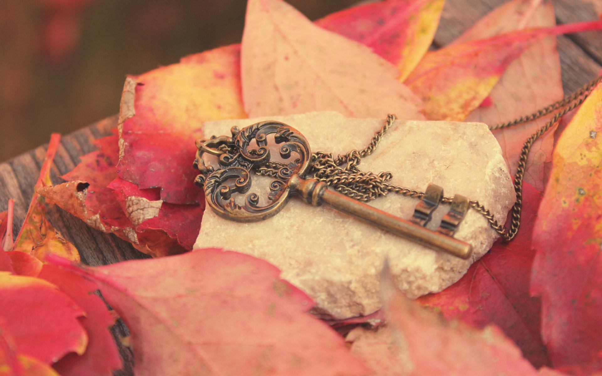 key metal leaves autumn red string stone board