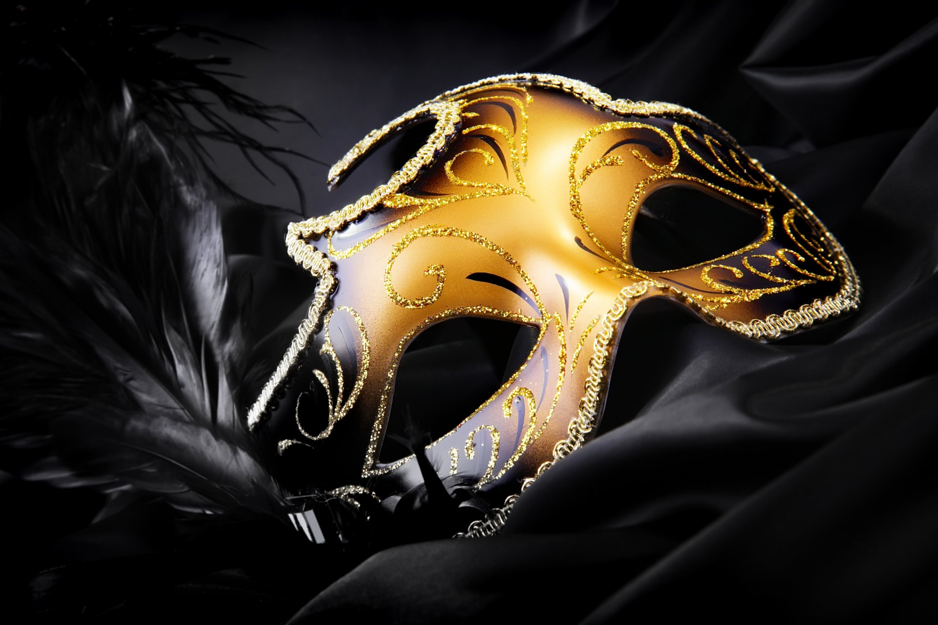 mask gold sequins feathers silk black