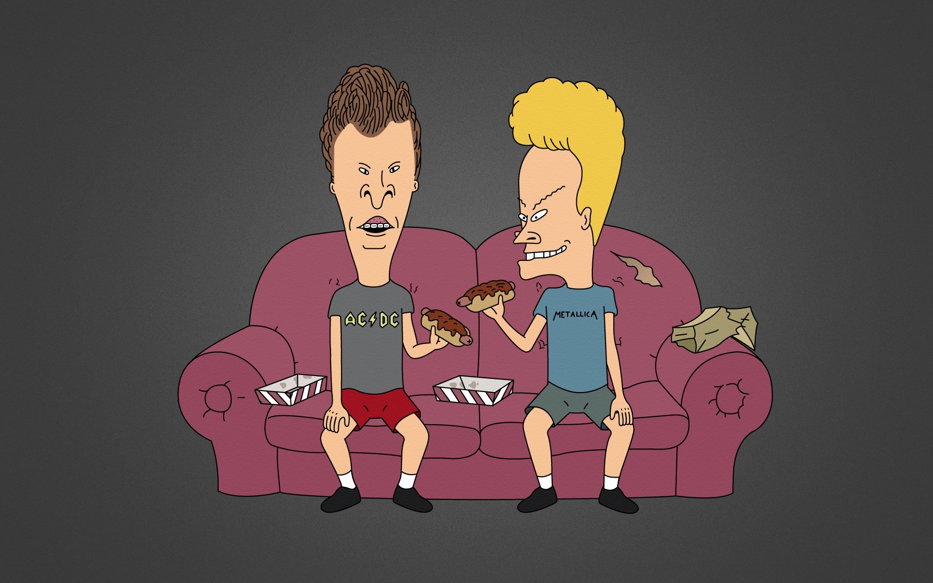 beavis e butthead sfondo grigio scuro divano sedersi hot dog criceto