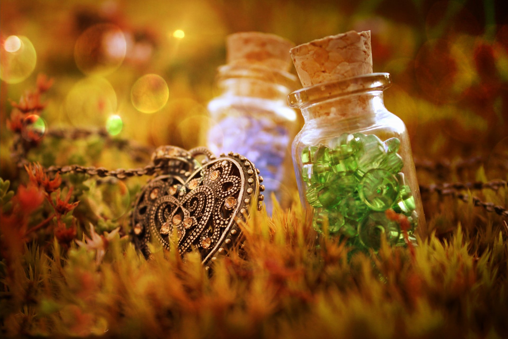 grass pendant vials buttons bokeh