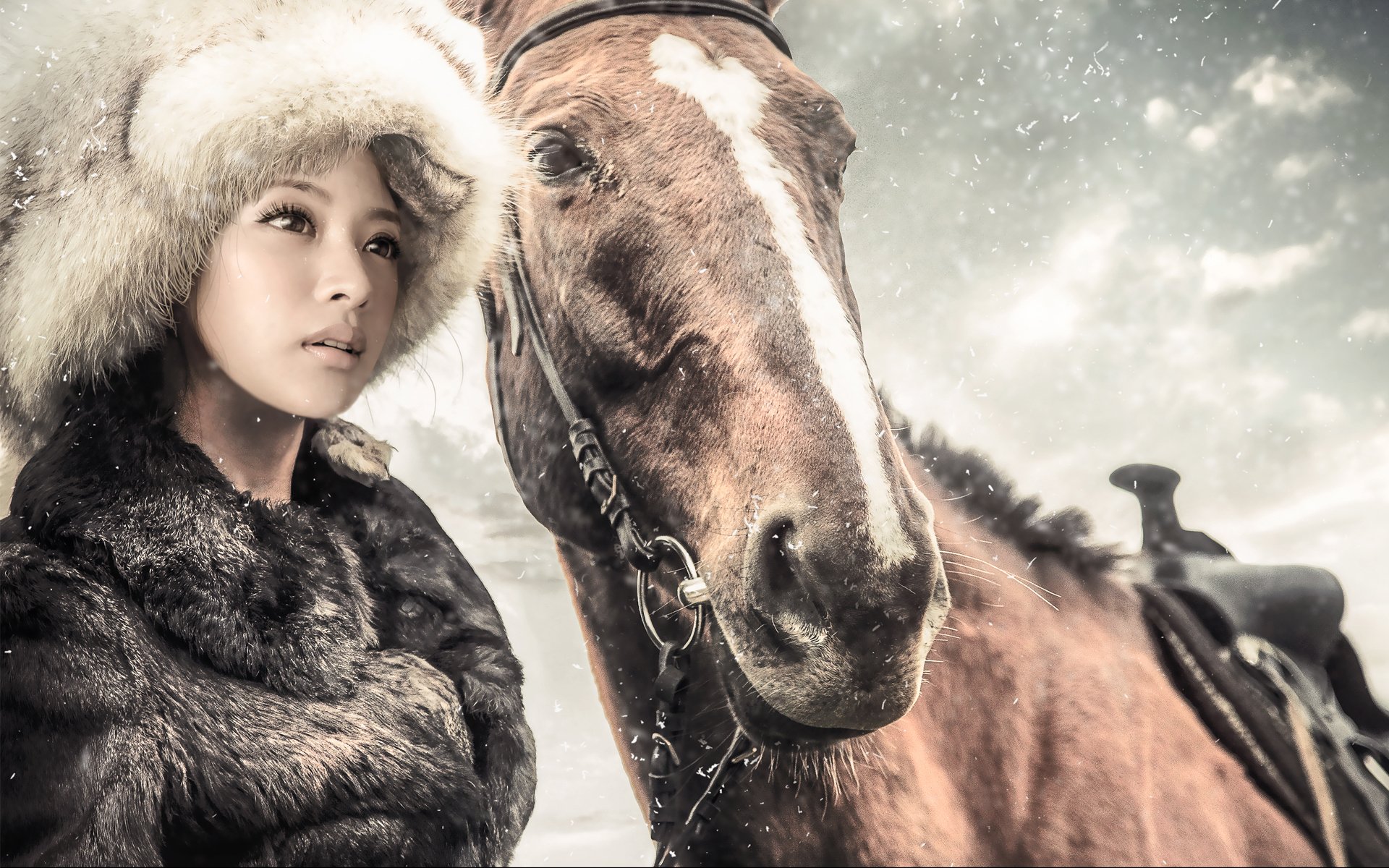 fille cheval cheval neige chapeau manteau de fourrure fourrure hiver