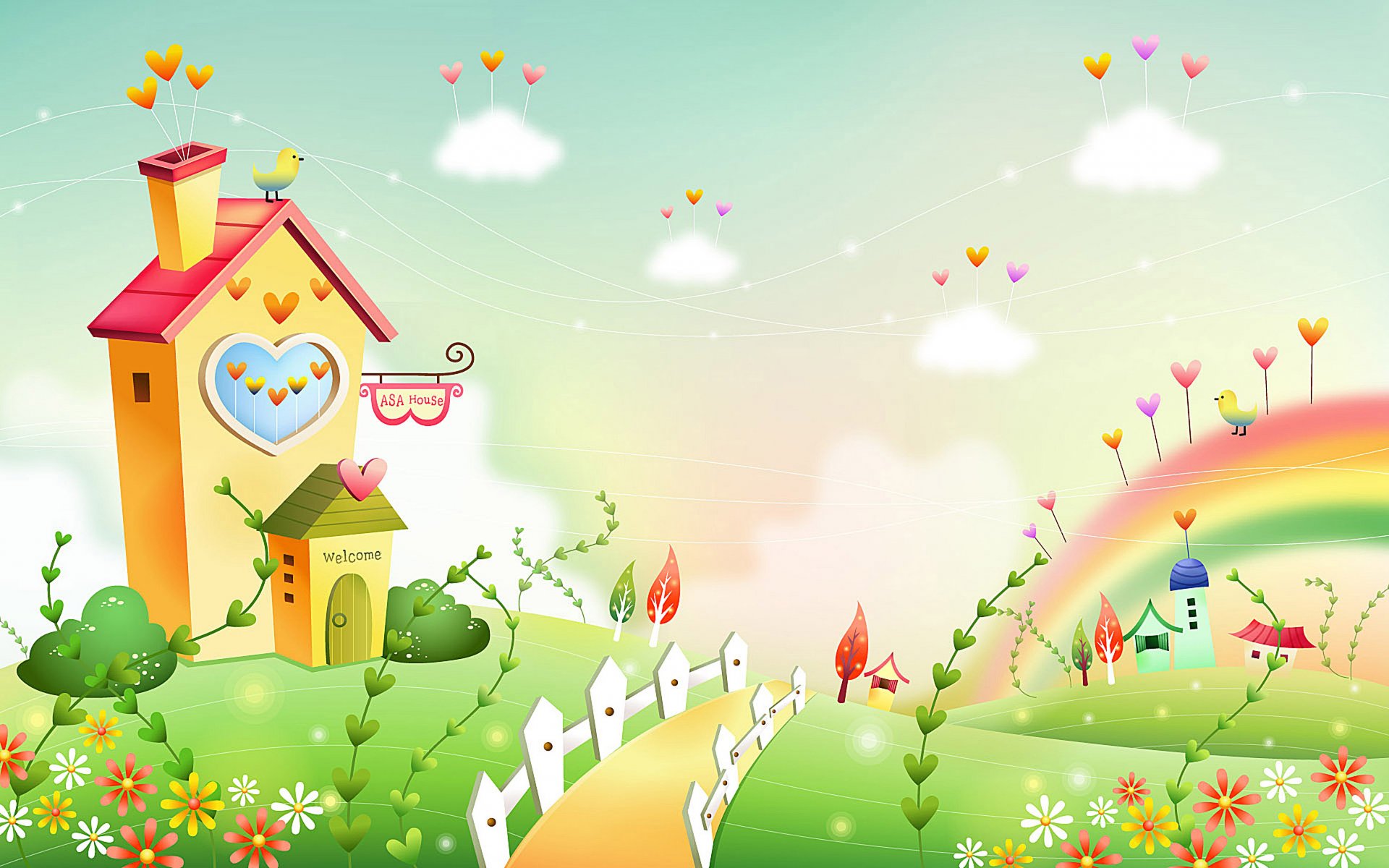 kids wallpaper house bird hearts fence lawn grass path houses flowers cloud