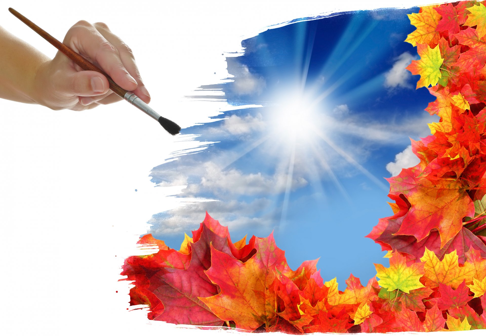 brush hand picture leaves clouds sun autumn