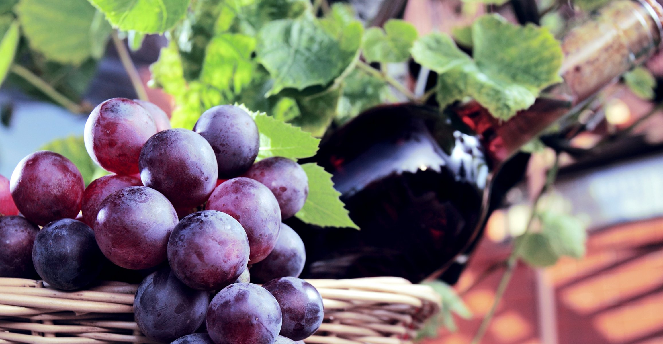 uvas bayas racimo cesta botella vino