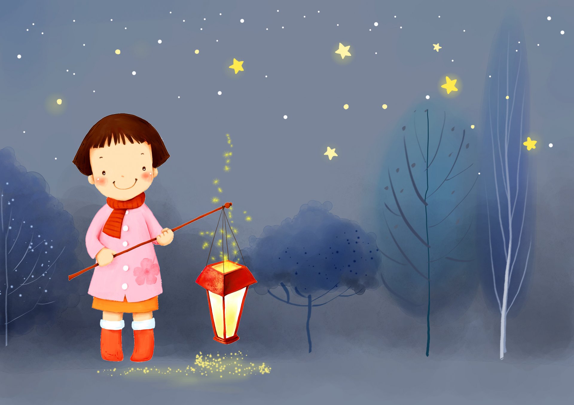 carta da parati per bambini ragazza sorriso sciarpa cappotto stivali lanterna alberi notte inverno