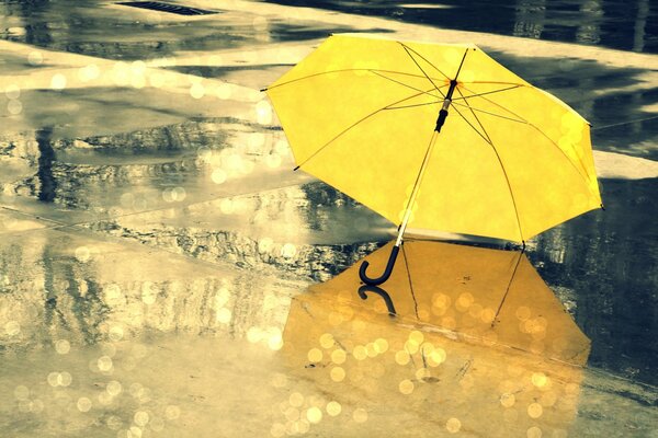A beautiful yellow umbrella is reflected in a puddle