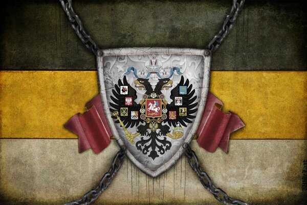 Escudo de armas del Imperio ruso en el fondo de la bandera