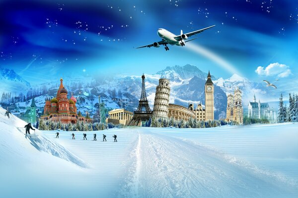 Zabytki świata na tle gór i śniegu przelatuje samolot