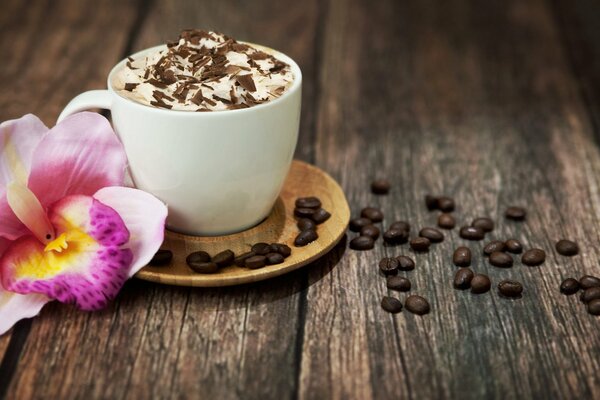 Cappuccino coffee decorated with chocolate