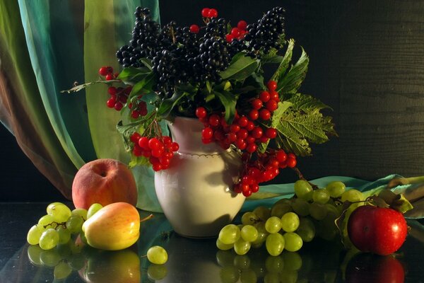Still life vases with berries and fruits