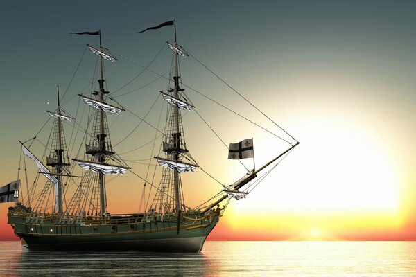 A ship on the water surface in the setting sun