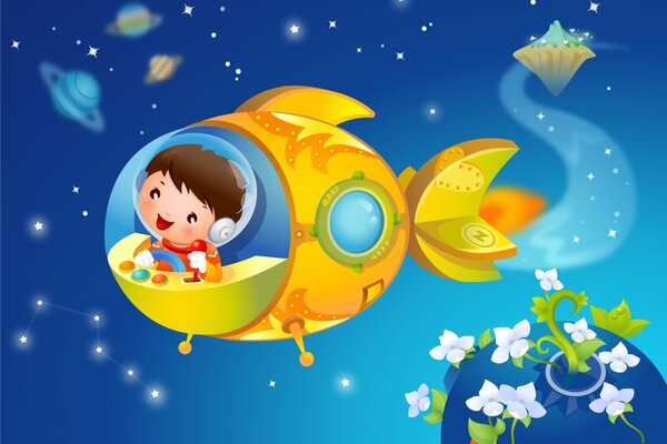 Fondos de pantalla para niños con un astronauta en un cohete volando del planeta en el que crecen las flores