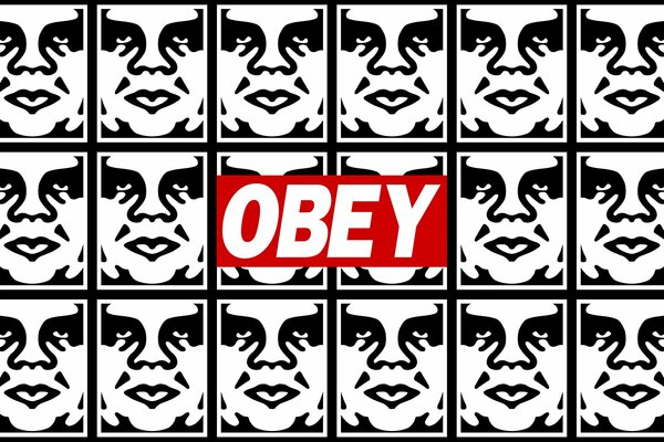 Obey-Logo auf dem Hintergrund von schwarzen und weißen Gesichtern