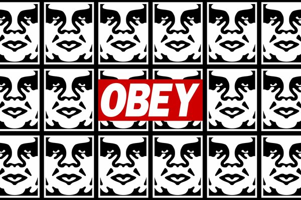 Logotipo de obey sobre caras en blanco y negro