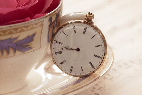 Pocket watch on a saucer with a mug