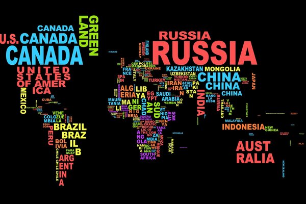 Цветное изображение карты мира в цветном текстовом исполнении на черном фоне