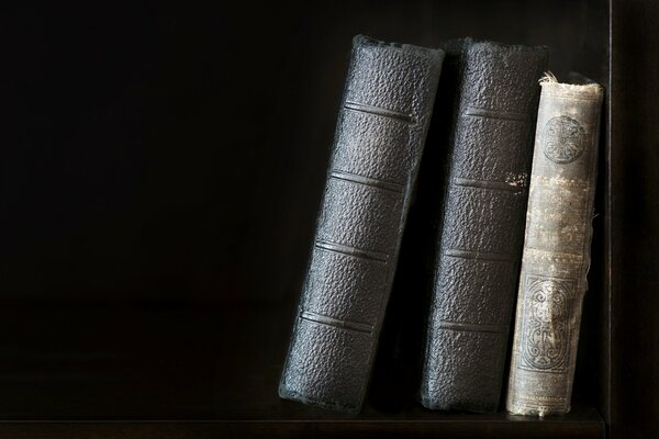 A picture of old books standing on a shelf on a dark background