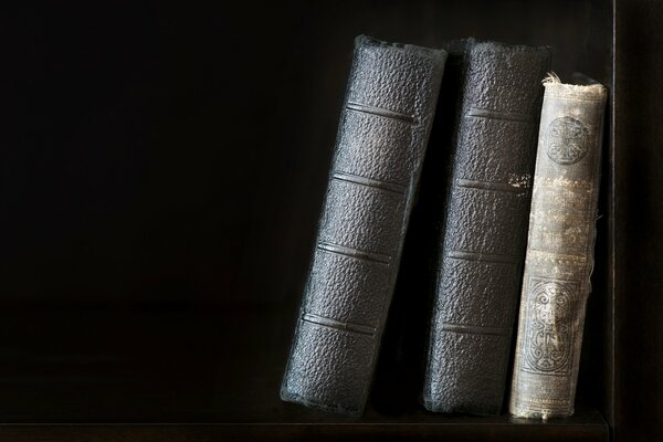 Imagen de libros antiguos de pie en un estante sobre un fondo oscuro
