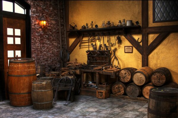 An old workshop with large and small barrels