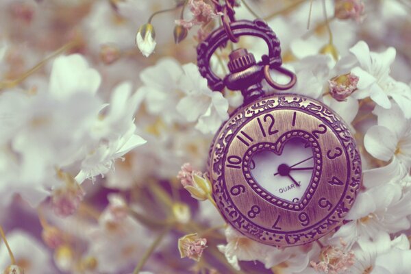 Pocket watch with a heart on a background of flowers